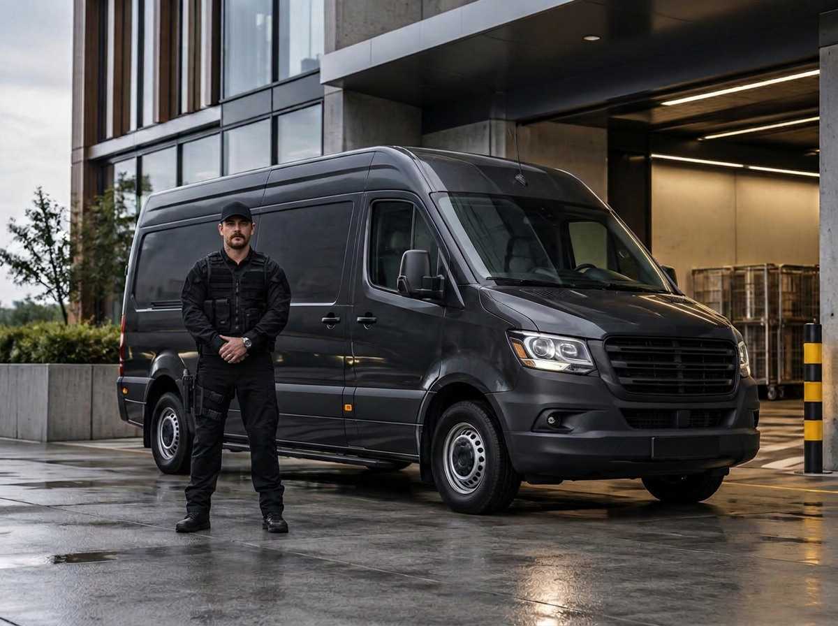 Security professional beside a transport vehicle
